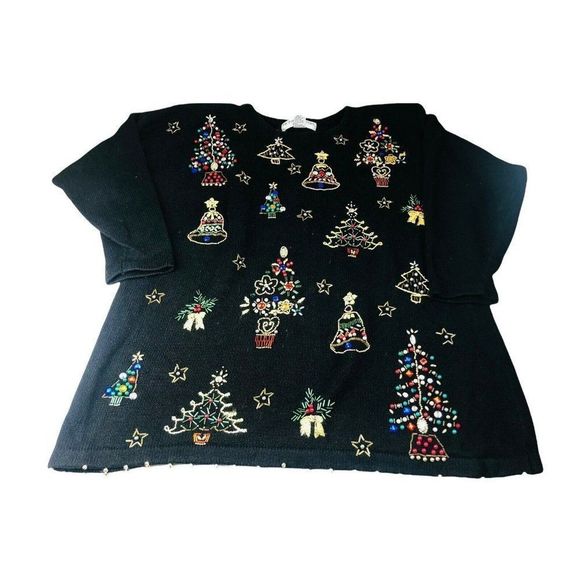Victoria Jones Sweaters - VTG Victoria Jones Beaded sequin holiday Christmas jingle bells knit sweater